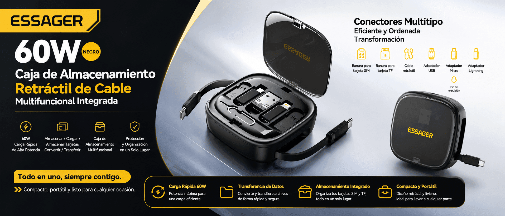 essager-cable-usb-c-retractil-60w-caja-organizadora Essager Cable USB-C Retráctil 60W con Caja Organizadora Multifunción
