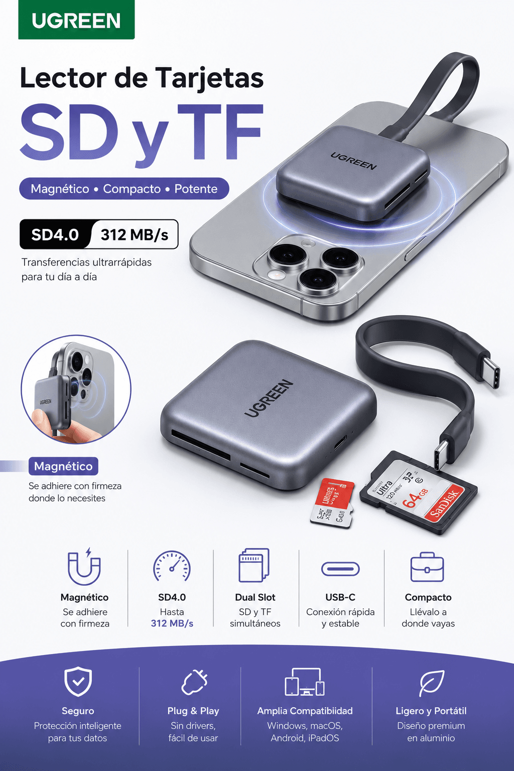 ugreen-lector-tarjetas-usb-c-magnetico-cm898 Lector de tarjetas USB-C magnético Ugreen SD y TF SD 4.0 CM898