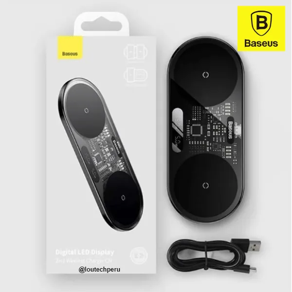 Cargador inalámbrico doble Baseus WXS010001 para smartphone y audífonos con tecnología Qi