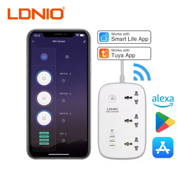 Tomacorriente inteligente LDNIO SCW3451 con WiFi, 3 enchufes AC y 4 puertos USB