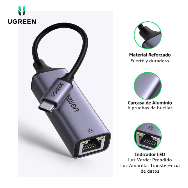 Adaptador UGREEN CM199 USB Tipo C a RJ45 Gigabit Ethernet para conexión de red por cable