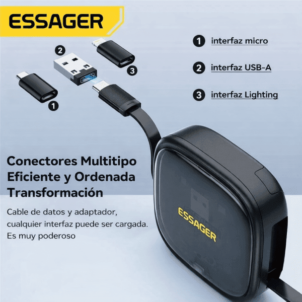 Cable ESSAGER USB C retráctil 60W multifunción con adaptadores Lightning Micro USB USB-A y caja organizadora