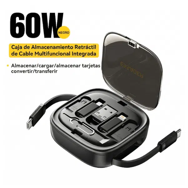 Cable ESSAGER USB C retráctil 60W multifunción con adaptadores Lightning Micro USB USB-A y caja organizadora