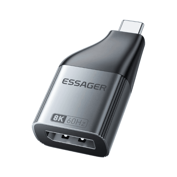 Adaptador Essager USB-C a DisplayPort 8K 60Hz de aluminio gris.